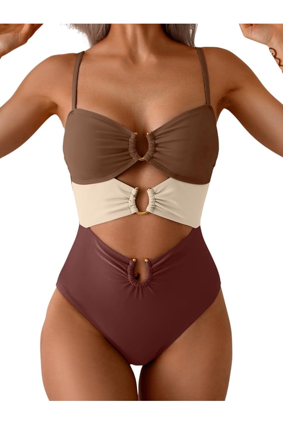 Swimsuit for Women Ring Linked Monokini Bathing Suit Cutout Swim Suit Coffee & Red S