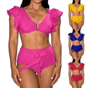Swimsuit for Women Ruffled High-Waisted Deep V Push-Up Bikini Set