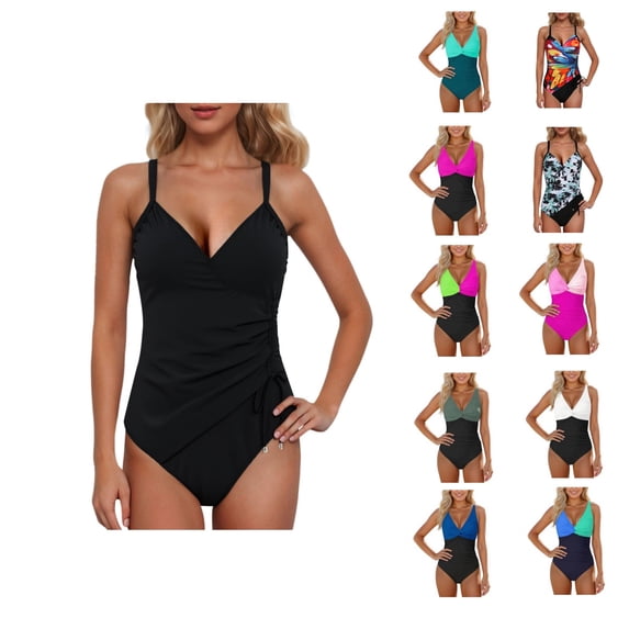 Swimsuit for Women Tummy Control One Piece Swimsuit Twist Cross Bathing Suit Full Coverage Swimwears with Adjustable Straps (Black M)