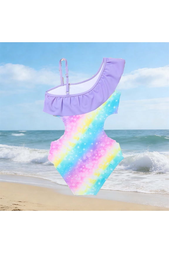 Swimsuit for Girls Ruffle Hem Asymmetrical Cut Out Rainbow Print One-Piece Beach Pool Girls Bathing Suits Multicolour 11 Years-12 Years