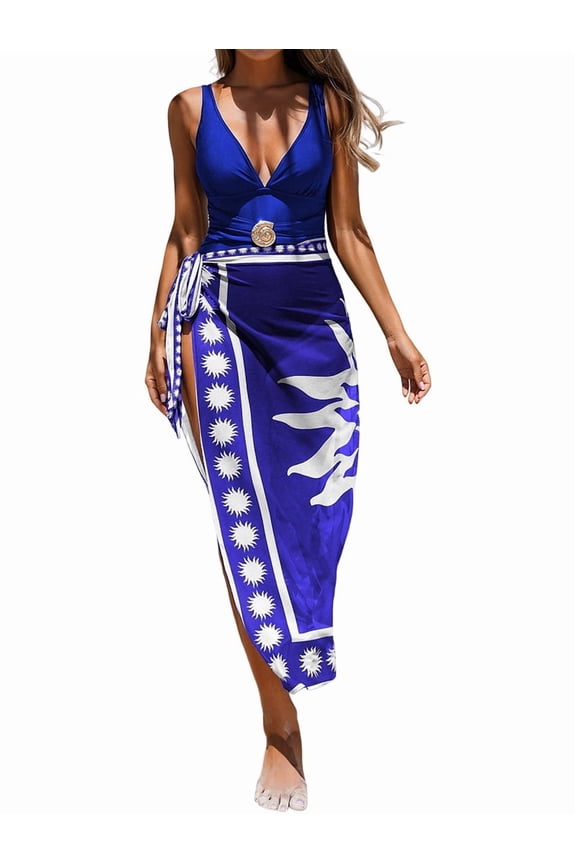 Swimsuit with Cover Up Wrap Skirt Sarong Floral Print Plunge V Neck Bathing Suit for Women Blue S