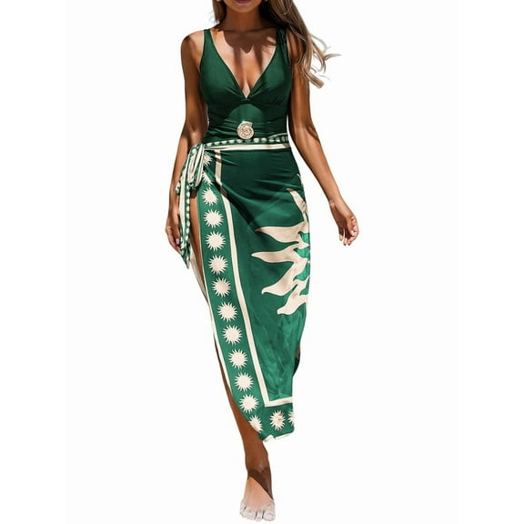 Swimsuit with Cover Up Wrap Skirt Sarong Floral Print Plunge V Neck Bathing Suit for Women Dark Green M