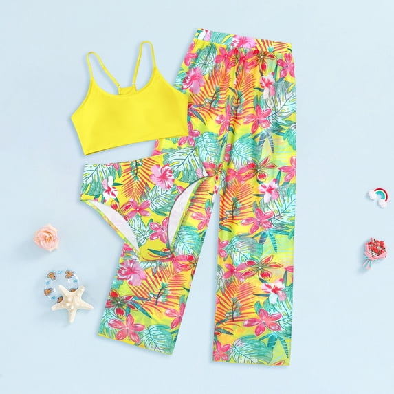Swimsuit with Matching Skirt Girls Swimsuit 3 Piece Bathing Suits Summer Bikini Tankini Sets with Cover Up Skirt for 4-12 Years