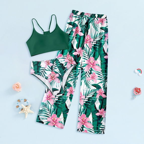 Swimsuit with Skirt Girls Tankini Swimsuit Criss Cross Ruched Tankini Sets with Print Shorts 3 Piece Bathing Suits for Girls Swim 9-18Y