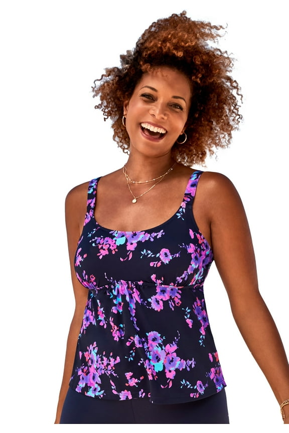 Women's Plus Size A Line Relaxed Fit Flared Tankini Top with Adjustable Straps