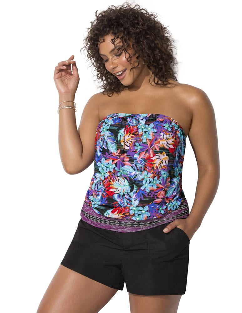 Swimsuits For All Womens Plus Size Bandeau Blouson Tankini Set Wtih