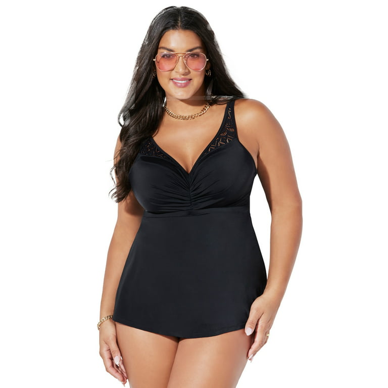 Swimsuits For All Women's Plus Size Bra Sized Crochet Underwire Tankini Top  44 Dd Black