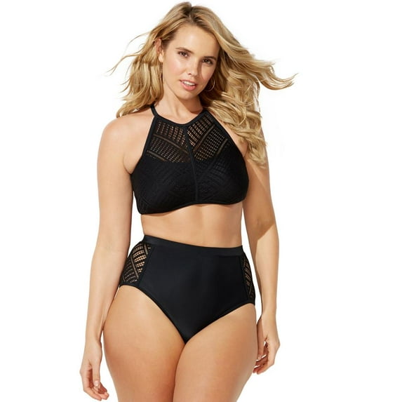 Swimsuits For All Women's Plus Size Charlatan High Neck Bikini Set 4 Black, Black