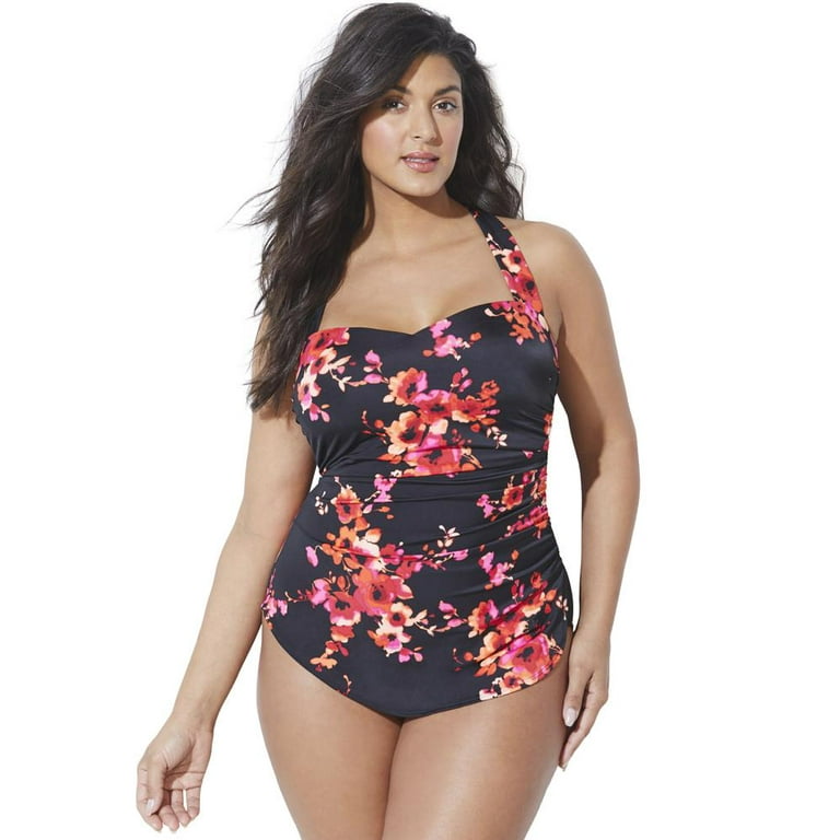 Swimsuits For All Women's Plus Size Chlorine Resistant H-Back Sarong Front  One Piece Swimsuit 10 New Poppies 