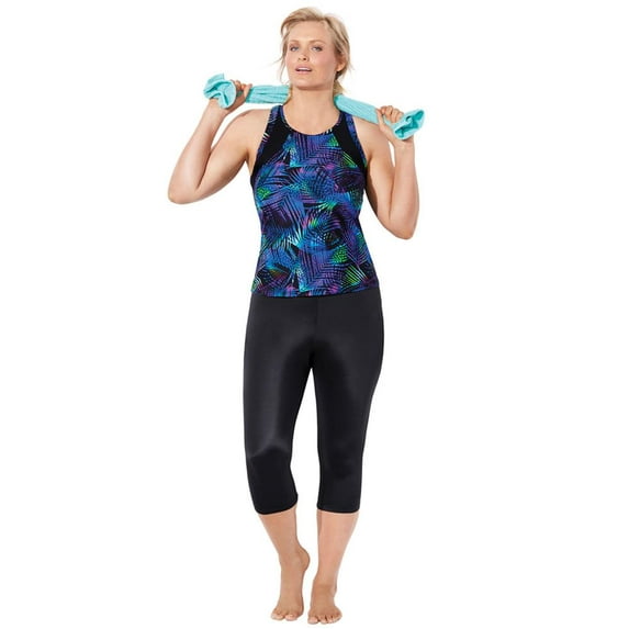Swimsuits For All Women's Plus Size Chlorine Resistant High Neck Racerback Tankini Set With Capri 10 Neon Palm, Black