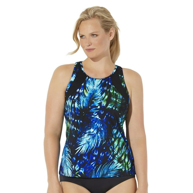 Swimsuits For All Women's Plus Size Chlorine Resistant High Neck Racerback Tankini Top 22 Green Palm