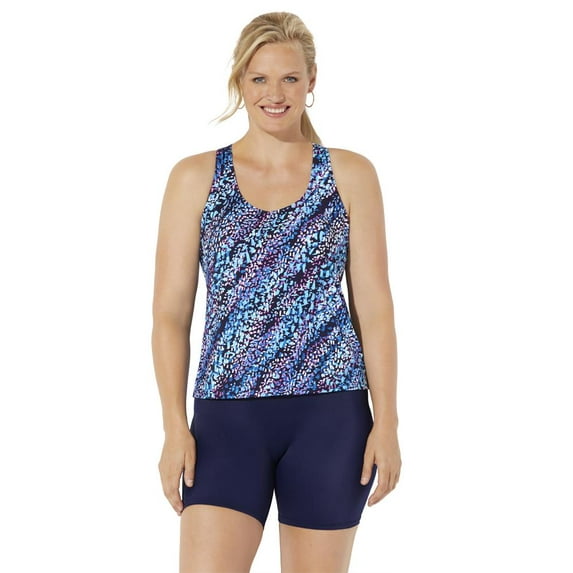 Swimsuits For All Women's Plus Size Chlorine Resistant Racerback Tankini Set With Bike Short 8 Blue Droplet, Navy