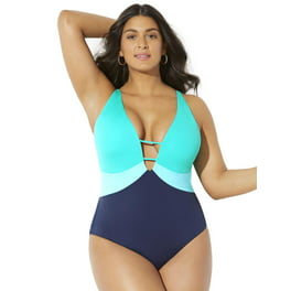 Swimsuits For All Women's Plus Size Deep V-Neck One Piece Swimsuit 10 Blue  Ombre Lace Print