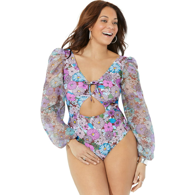 Swimsuits For All Women's Plus Size Cup Sized Chiffon Sleeve One Piece  Swimsuit 20 D/Dd Garden Dream 