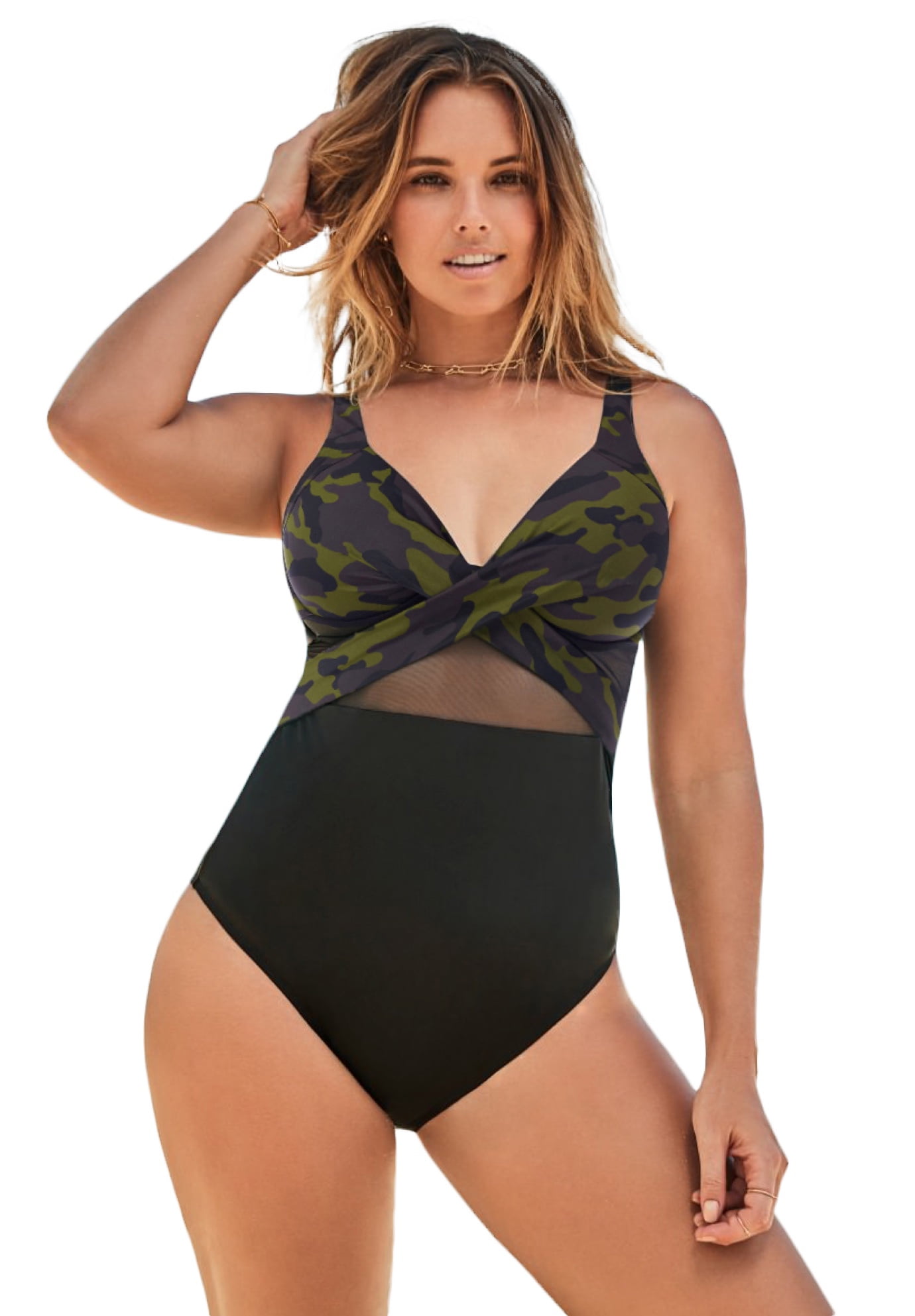 Swimsuits For All Women s Plus Size Cut Out Mesh Underwire One Piece Swimsuit 4 Green Camo