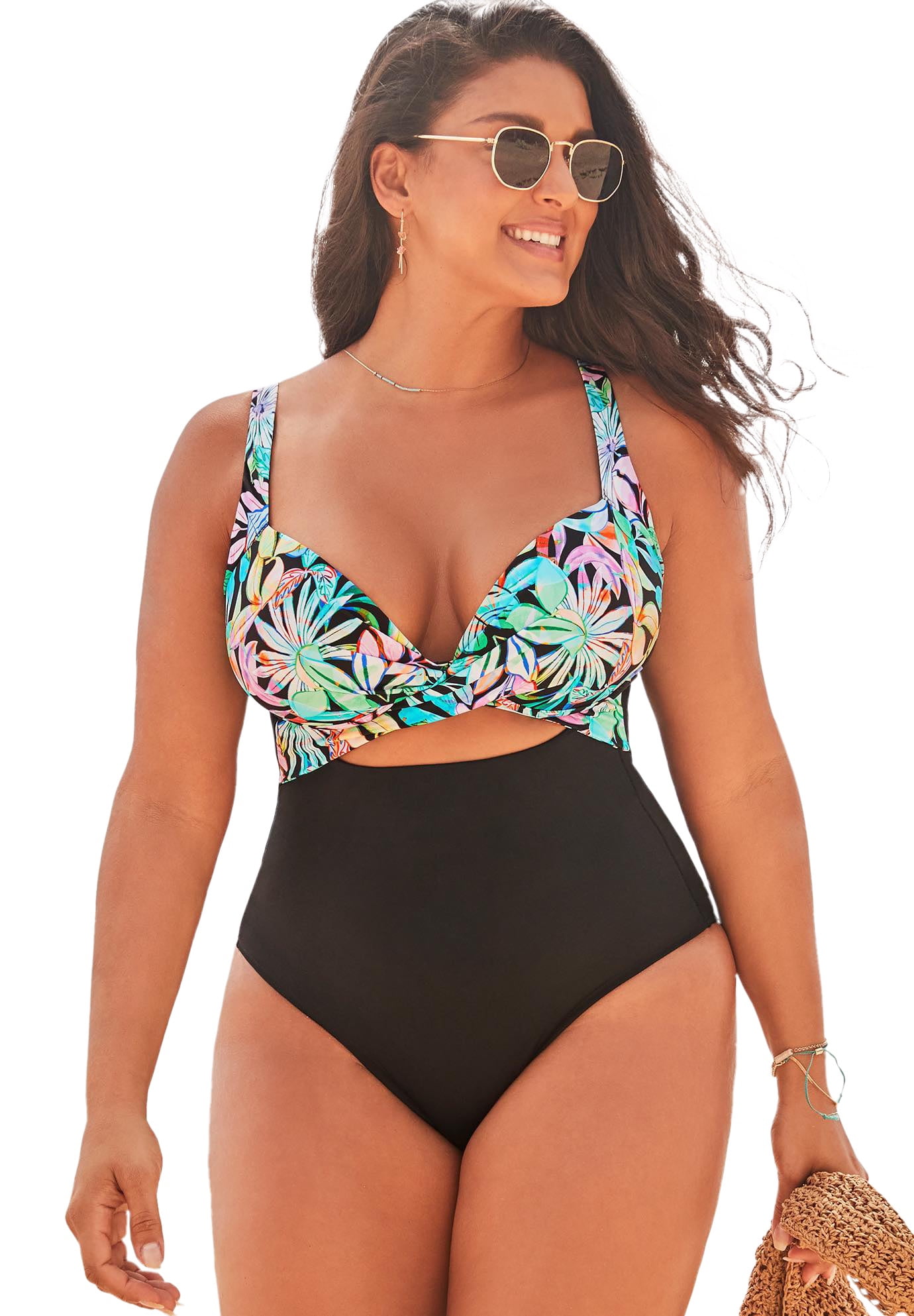 Plus Size Tropics and Waves One Piece Cutout Swimsuit