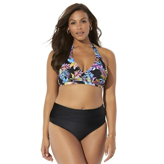 Swimsuits For All Women's Plus Size Diva Halter Bikini Set With Foldover Brief 16 Watercolor Floral, Black