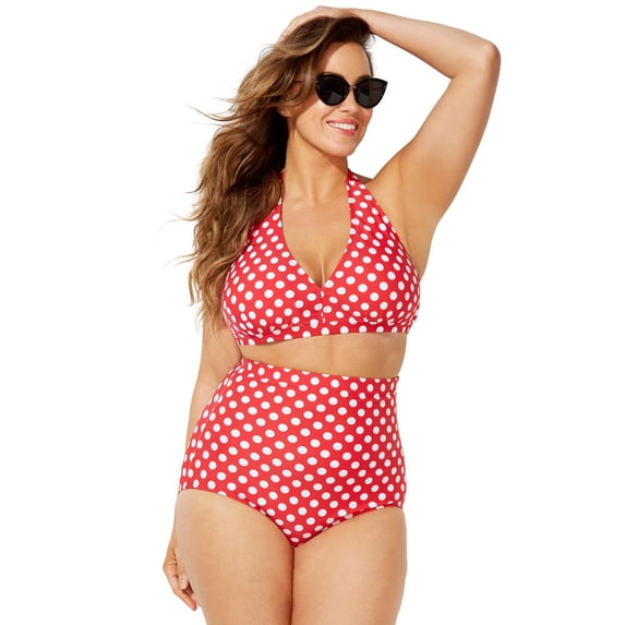 Swimsuits For All Women's Plus Size Diva Halter High Waist Bikini Set 20 Red Polka Dot, Red