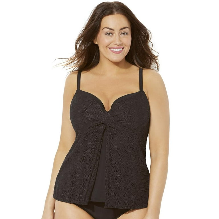 Swimsuits For All Women's Plus Size Faux Flyaway Crochet Underwire Tankini  Top 16 Black