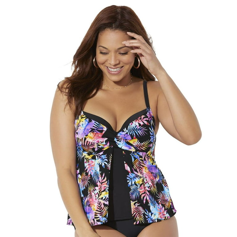 Swimsuits For All Women s Plus Size Faux Flyaway Underwire Tankini Top with Adjustable Straps 14 Multi Leaves Blue