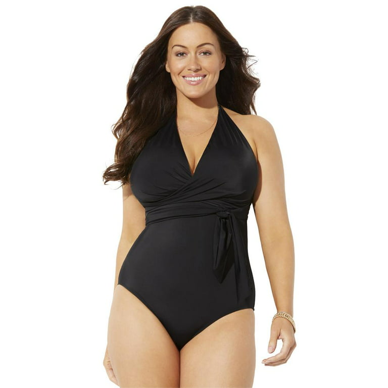 Swimsuits For All Women's Plus Size Faux Wrap Halter One Piece Swimsuit 14  Black 