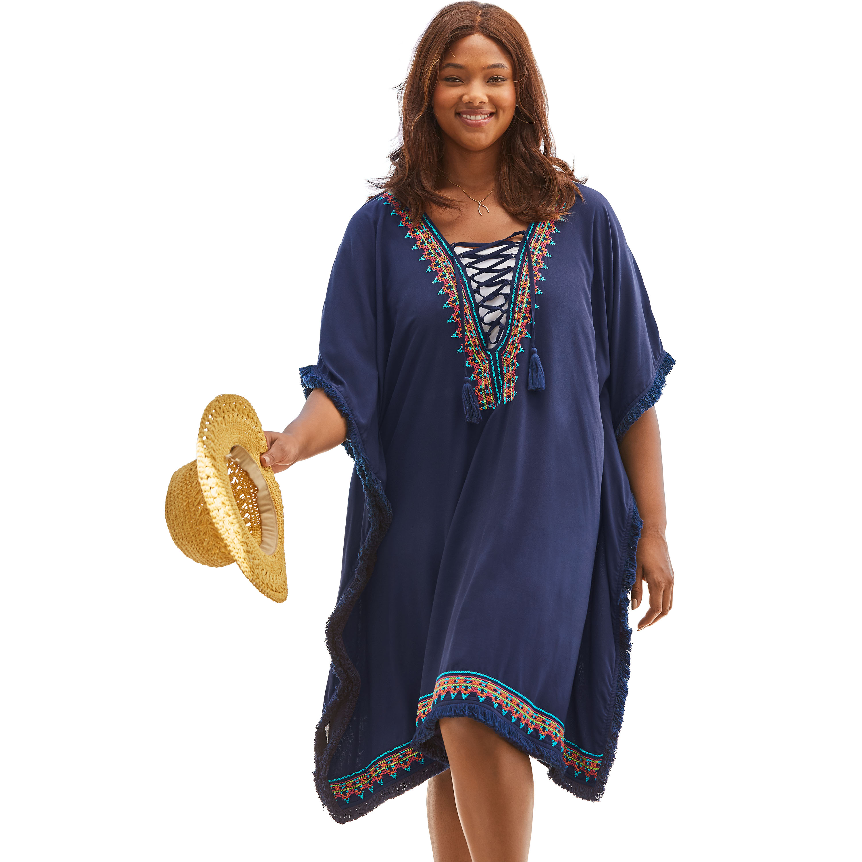 Swimsuits For All Women's Plus Size Lace-Up Caftan Cover Up M/L Navy - image 1 of 4