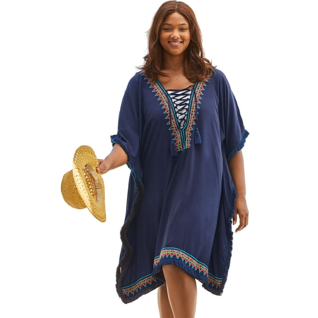 Swimsuits For All Women's Plus Size Lace-Up Caftan Cover Up M/L Navy