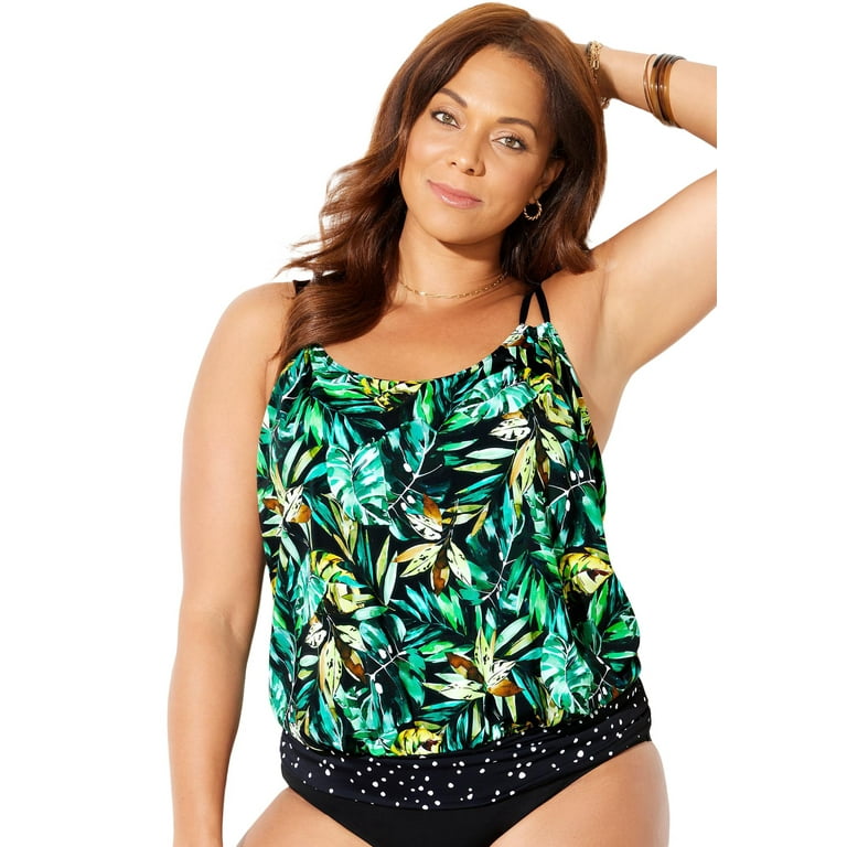 Swimsuits For All Women's Plus Size Loop Strap Blouson Tankini Top 8 Green  Leaf 