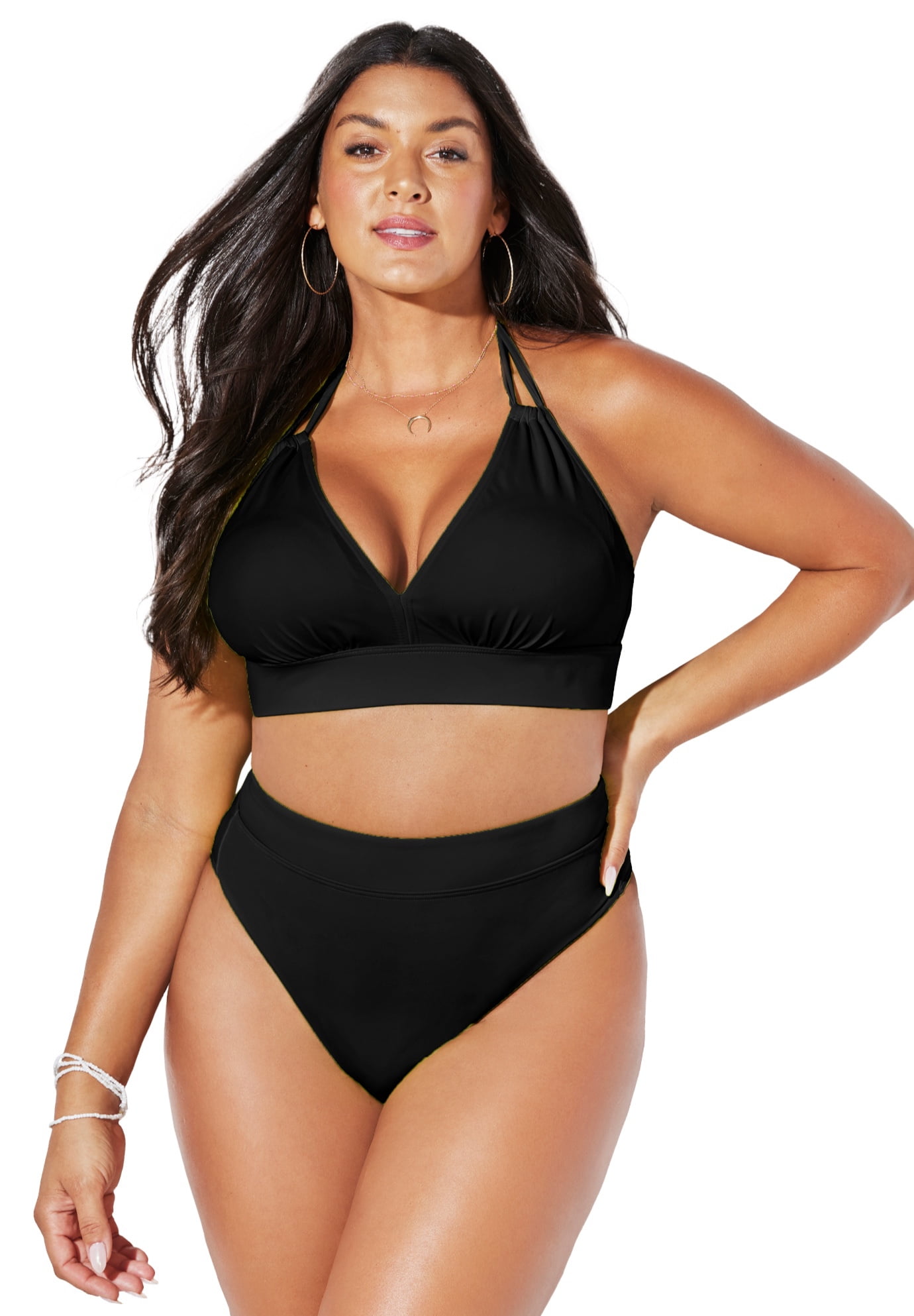 Swimsuits For All Women s Plus Size Loop Strap Halter High Waist Bikini Set 10 Black Black