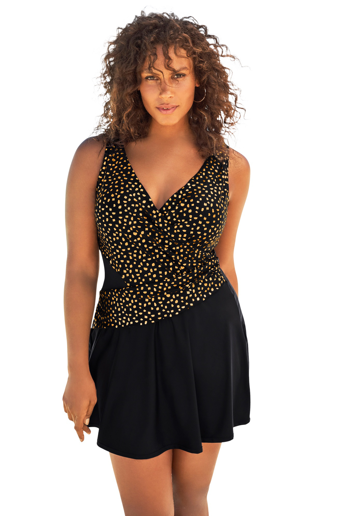 Swimsuits For All Women's Plus Size MeshInset Wrap Swim Dress 24 Gold Dots