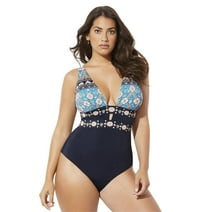 Swimsuits For All Women's Plus Size Plunge One Piece Swimsuit 4 Engineered Navy