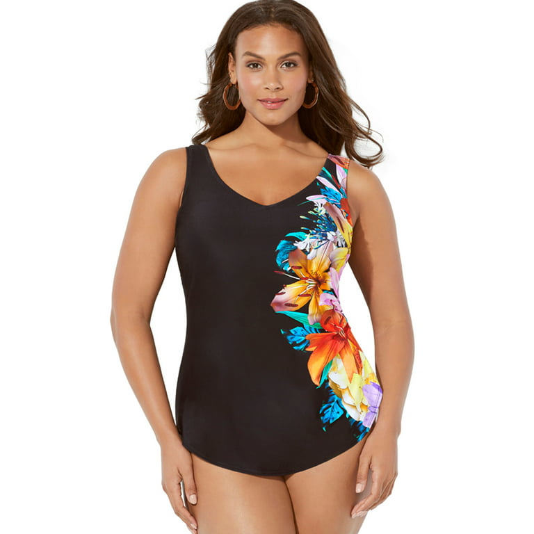 Swimsuits For All Women's Plus Size Sarong Front One Piece Swimsuit 10  Multi Flower Engineered