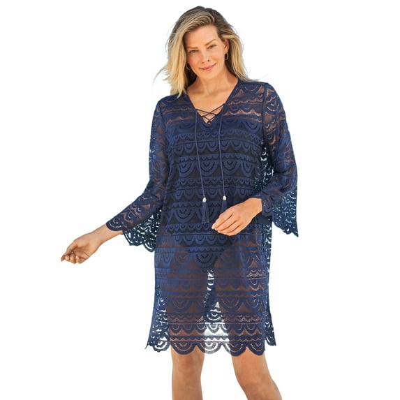 Swimsuits For All Women's Plus Size Scallop Lace Cover Up 22/24 Navy