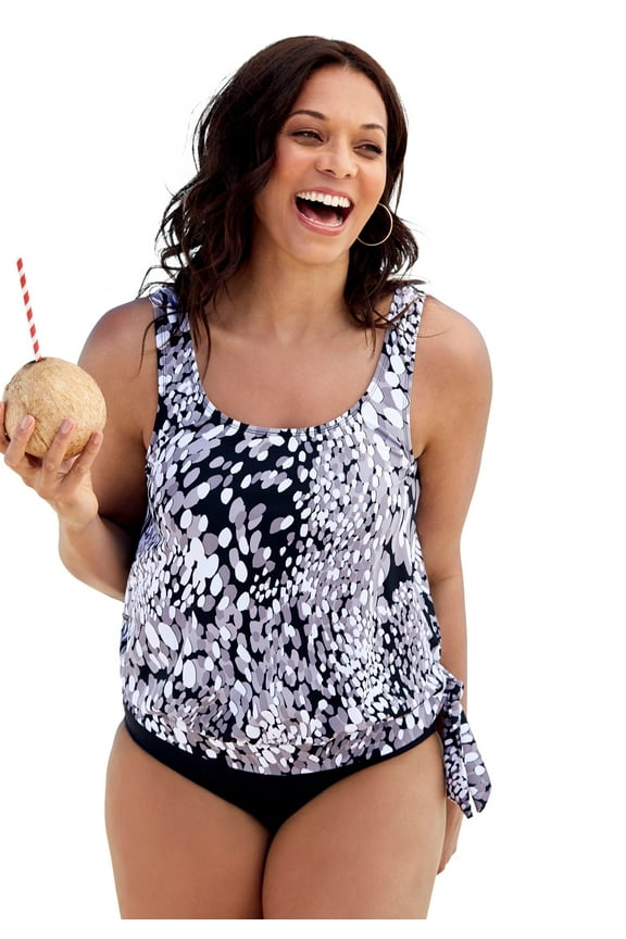 Women's Plus Size Scoop Neck Relaxed Fit Side Tie Blouson Tankini Top