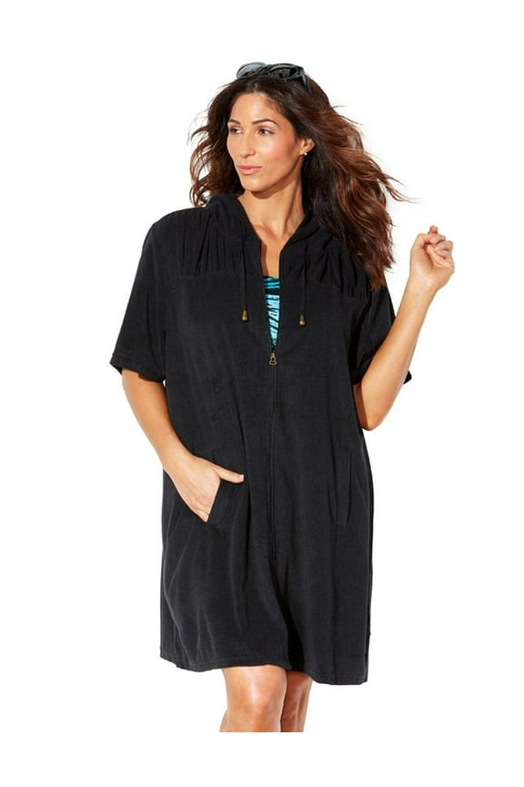 Women's Plus Size Short Sleeve Sport Alana Terry Cloth Cover Up Hoodie