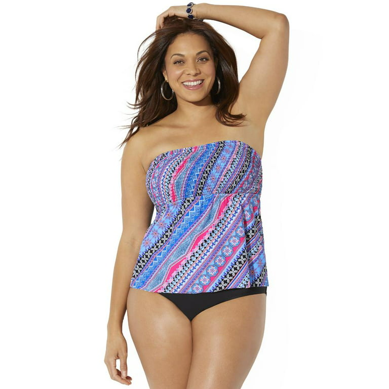 Swimsuits For All Women's Plus Size Smocked Bandeau Tankini Set 12 Pink  Blue Zigzag, Black