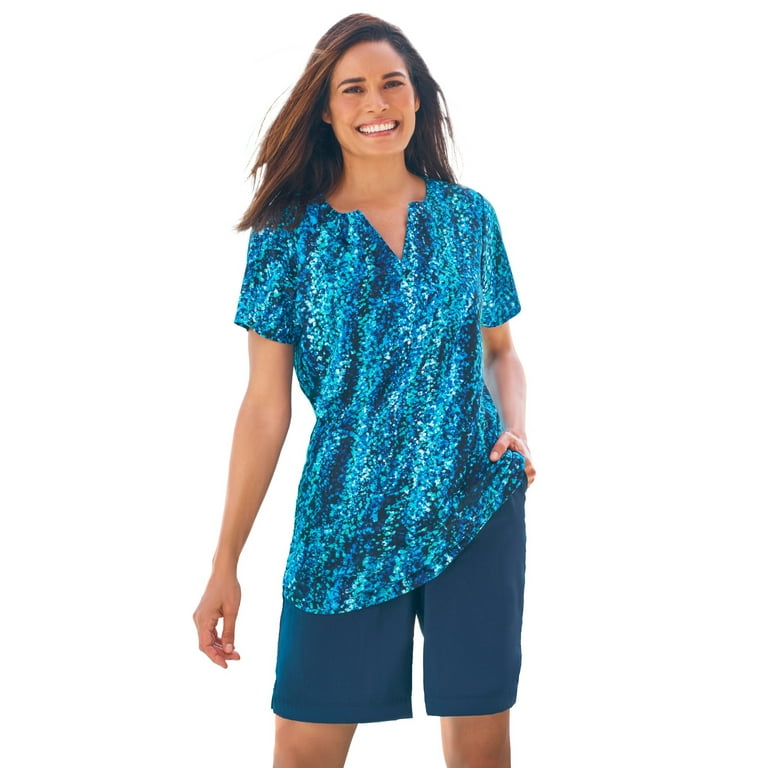 Swimsuits For All Women's Plus Size Split-Neck Short Sleeve Swim Tee With  Built-In Bra 38 Aqua Abstract