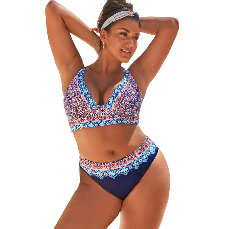 Swimsuits For All Women's Plus Size Syngery Longline Underwire Bikini Set  18 Blue Boho, Blue Boho 