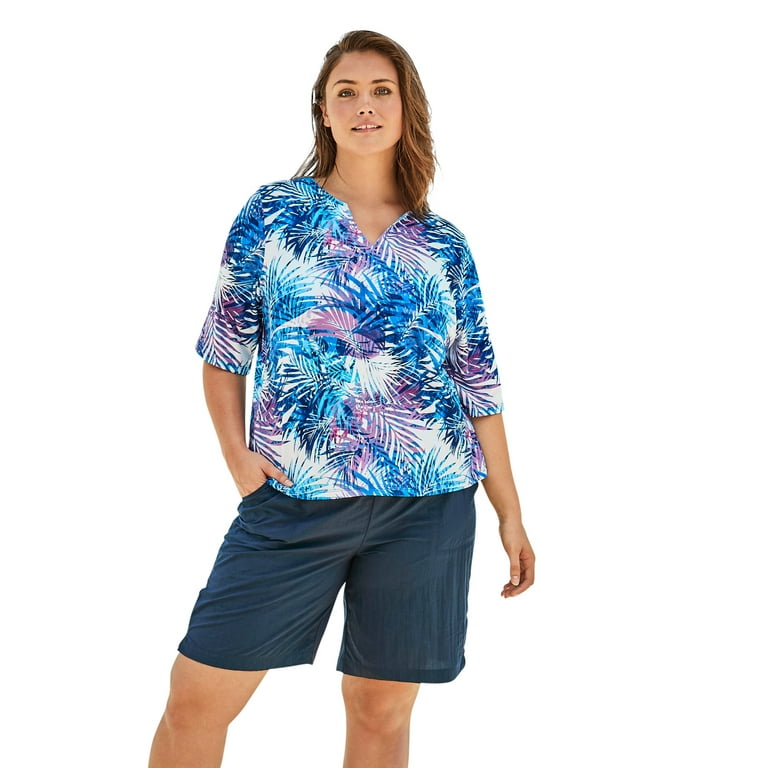 Swimsuits For All Women s Plus Size Three Quarter Sleeve Swim Tee 18 20 Multi Color Leaves