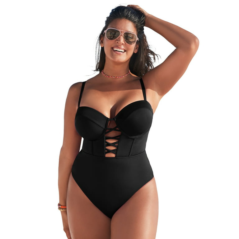 Swimsuits For All Women's Plus Size Underwire Lace Up One Piece Swimsuit 10  Black