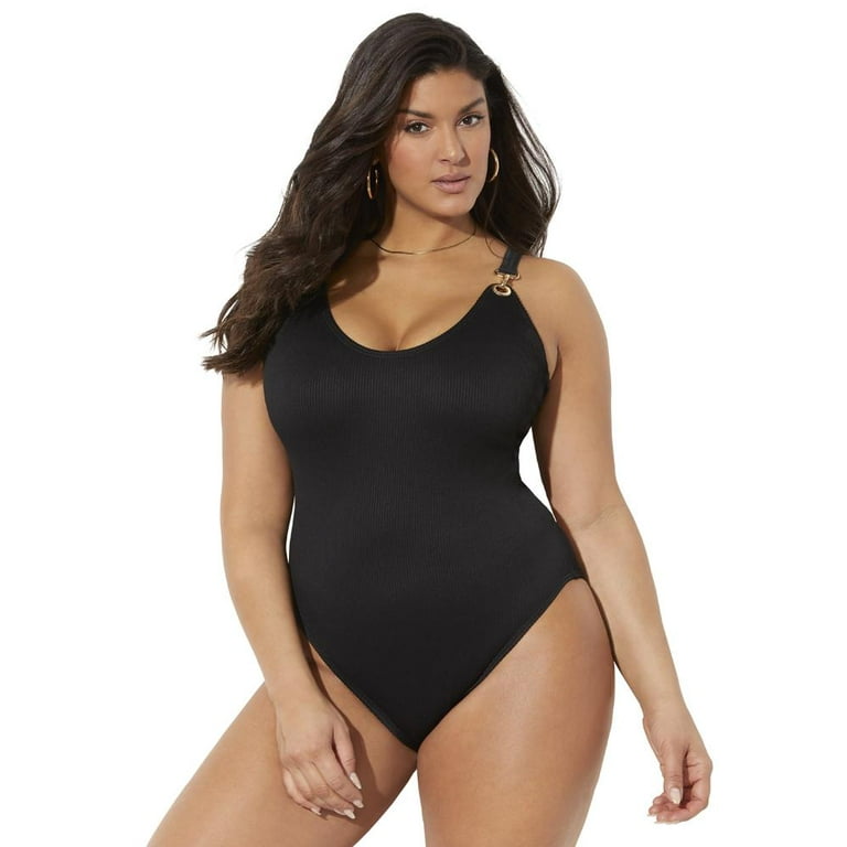 Swimsuits For All Women's Plus Size Vanguard Cup Sized Ribbed One Piece  Swimsuit 20 E/F Black 
