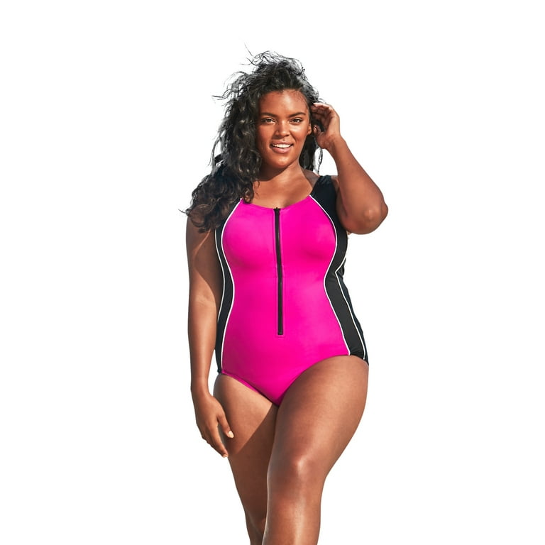 Swimsuits For All Women's Plus Size Zip-Front One-Piece With Tummy Control  16 Fuchsia White Black 