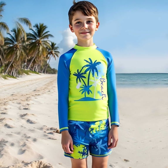 Swimsuits For Boys' Long Sleeve Two Piece Swimsuit With Am Tree Print Upf 50+ Sun Protecion Swim Set For Big Kids Bathing Suit For Kids