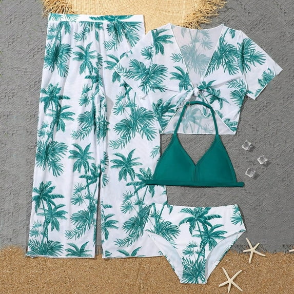 Swimsuits For Girls Girl'S 4 Piece Swimsuits Tropical Print Halter Bikini Set Bathing Suits With Mesh Pants Bathing Suit For Kids