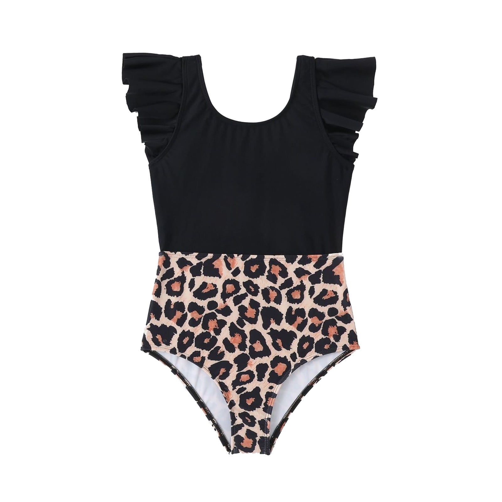 Swimsuits For Teens 1 Pc Black Chest Pad Sun Ruffler Sleevefloral Print Outfits Tankini Bronze 116 2Y 3Y
