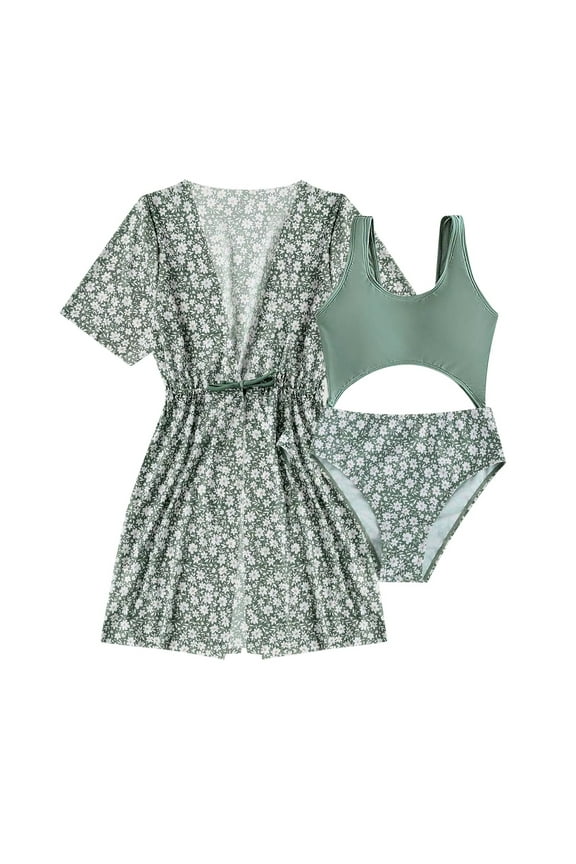 Swimsuits For Teens 3 Piece Tropical Leaf Print Bikini Set Bathing Suit Quick Dry Cover Up Beach Sport Bathing Suit,13-14 Years