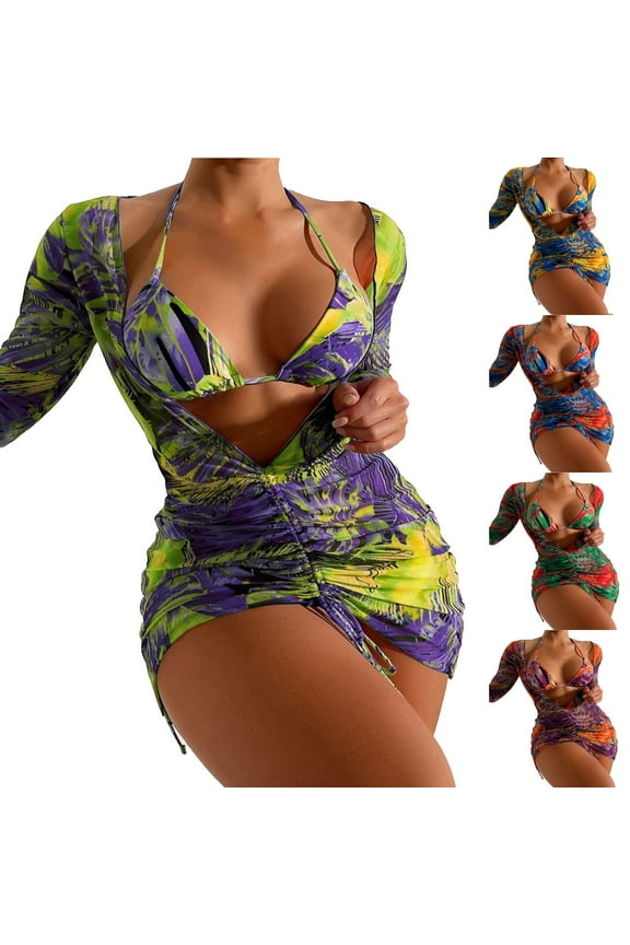 Swimsuits For Women 2025 Tye Die 3 Piece Bikini Set Long Sleeve Sun Protection Swim Suit Purple Athletic Bathing Suit S