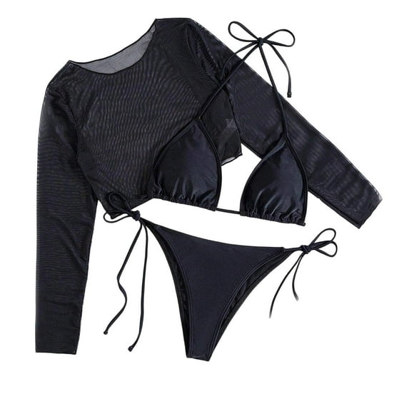 Swimsuits For Women Sevevn Women's Solid Color Three-piece Bikini Swimsuit With Long Sleeve Top Black M