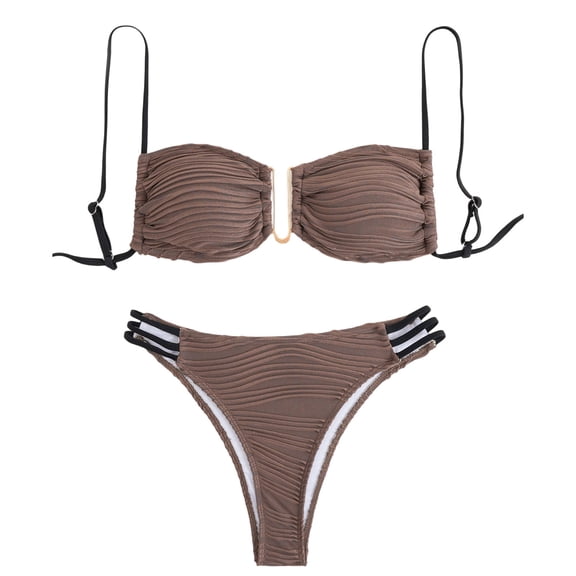 Swimsuits For Women Sevevn Women's Textured Underwire Bikini Set V Notch High Cut Swimwear Tie Side Ribbed Swimsuits Coffee S