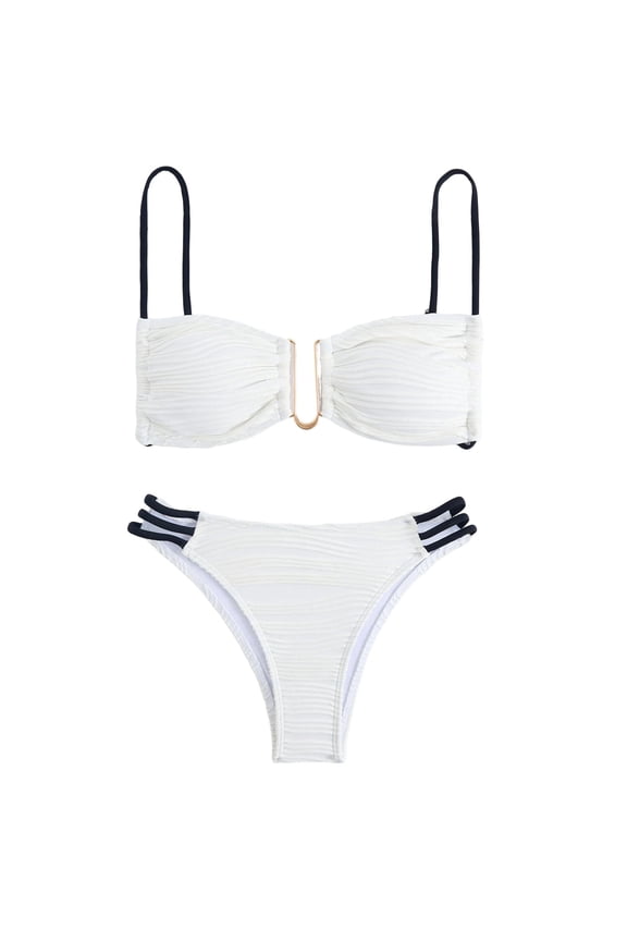Swimsuits For Women Sevevn Women's Textured Underwire Bikini Set V Notch High Cut Swimwear Tie Side Ribbed Swimsuits White XL